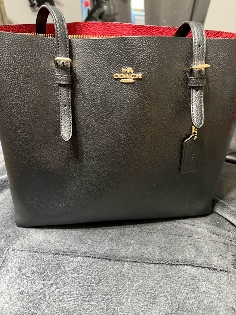 Coach Mollie 1671 Black Pebbled Leather True Red Work Tote